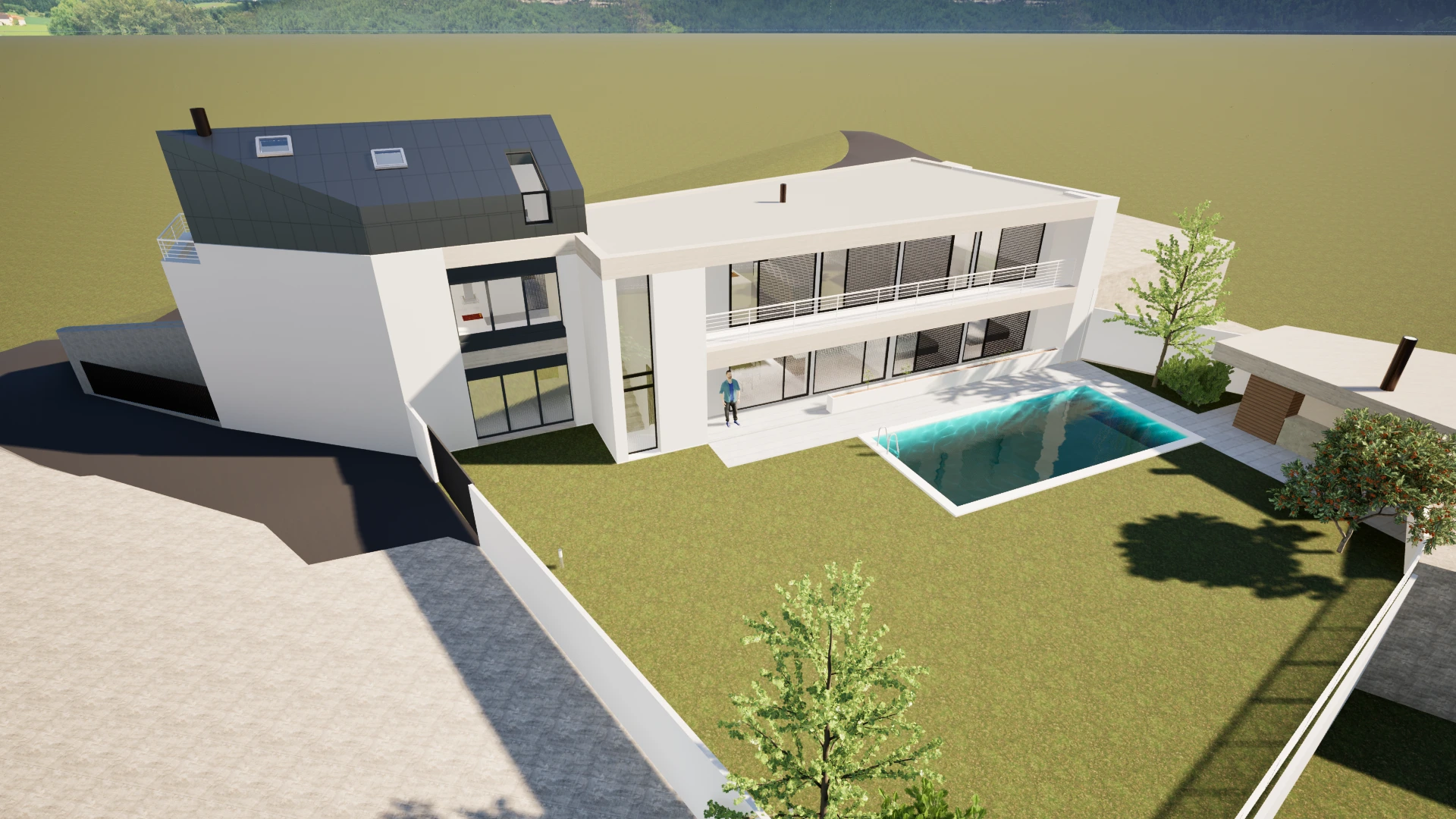 Projeto 3D de casa moderna com piscina
